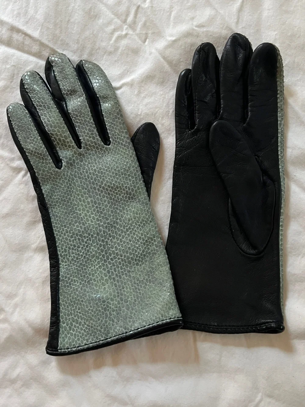 Blue and Black Leather Gloves with Textured Snakeskin front